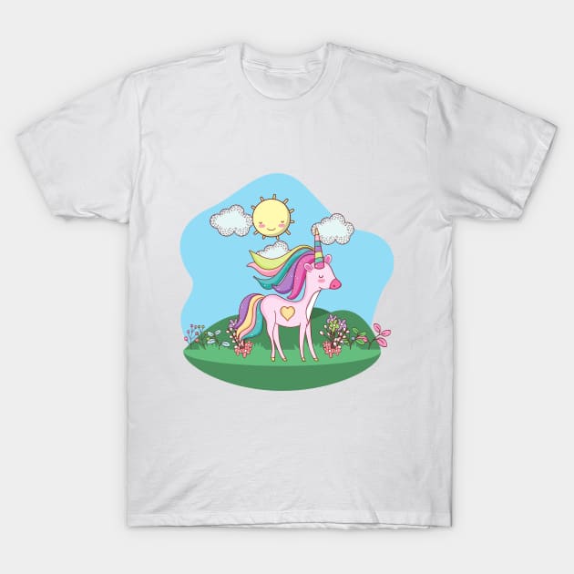 Cute Little Unicorn With Heart Standing In a Field On a Sunny Day T-Shirt by Vegan Squad